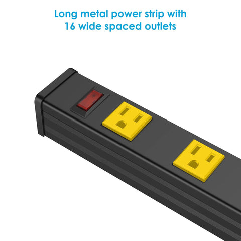 End view of Heavy Duty Metal Power Strip With 16 Widely Spaced Outlets For Easy Access In Garage Or Workshop 6 Foot Cord