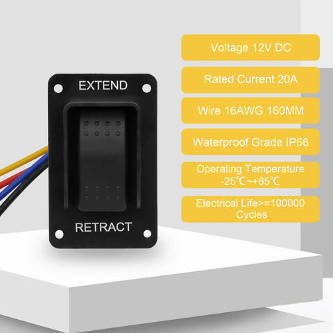 RV Electric Stabilizer Jack Switch With Harness Replacement for rear landing gear, black switch with yellow specs, IP66.