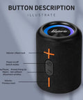 Front view of Two In One Portable Splittable Bluetooth Speaker Waterproof Bluetooth 5.3 with button functions highlighted.