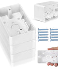 Five Piece Surface Mount Outlet Boxes With No Sweat Setup And Ultra Slim Single Gang Build For Quick Indoor Wall Upgrades In Kitchen Garage Or Cabinet Areas Includes Matching Screws For Rock Solid Plastic Receptacle Mounting, stacked boxes and one in hand.