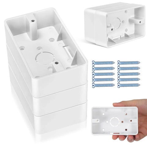 Five Piece Surface Mount Outlet Boxes With No Sweat Setup And Ultra Slim Single Gang Build For Quick Indoor Wall Upgrades In Kitchen Garage Or Cabinet Areas Includes Matching Screws For Rock Solid Plastic Receptacle Mounting, stacked boxes and one in hand.