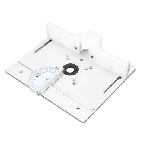 Heavy Duty Aluminum Router Lift System Kit With Precision Table Insert Plate For Woodworking Shops, flat adjustable plate with angle gauge.