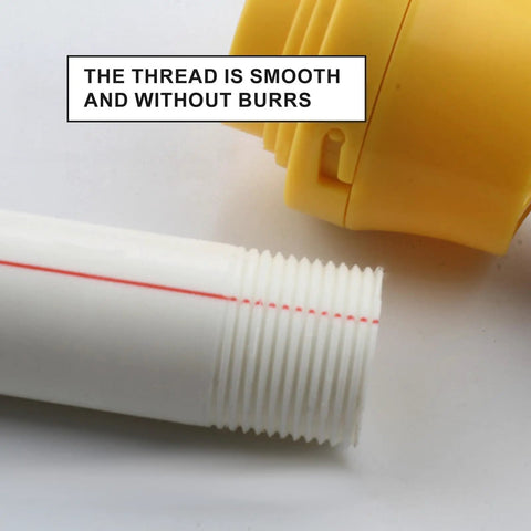 Khbyt Electric Drill PVC Pipe Threader Kit with 3 ABS dies shows smooth threaded PVC pipe for plumbing projects.