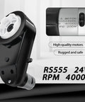 2 Pack 24V RS555 High Speed Gearbox Upgrade Kit for Kids Ride On Toys, showcasing gearbox and motor details.