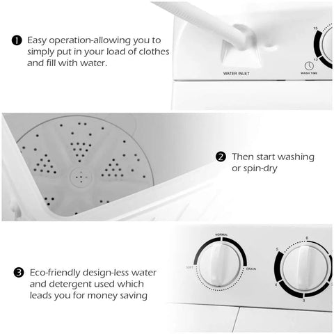 Portable Twin Tub Washing Machine 20 Lbs Compact Washer Spinner Combo showing easy operation steps and controls in white.