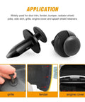 Universal Plastic Fender Clips Kit 200 Pcs Push Bumper Fasteners Rivet Clips With 6 Sizes For Auto Body Bumper Fender Trim And Splash Shield Replacement DIY Friendly Fits GM Ford Toyota Honda And More application and uses shown on grille, fender, and engine cover