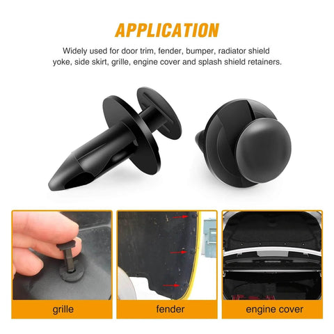 Universal Plastic Fender Clips Kit 200 Pcs Push Bumper Fasteners Rivet Clips With 6 Sizes For Auto Body Bumper Fender Trim And Splash Shield Replacement DIY Friendly Fits GM Ford Toyota Honda And More application and uses shown on grille, fender, and engine cover