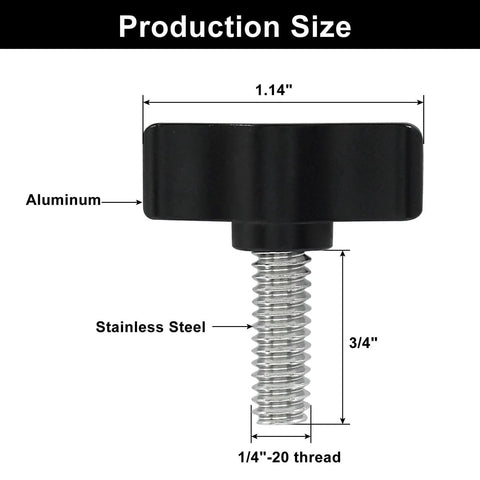 Diagram of the 4 Pack Stainless Steel Thumb Screws With Black Aluminum Knobs 1/4-20 x 3/4 Inch Tee Wing Hardware dimensions.