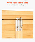 Close-up of double lock doors on a rugged outdoor wood storage shed with waterproof roof and metal frame for backyards.