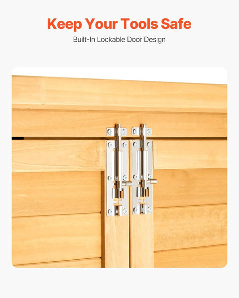 Close-up of double lock doors on a rugged outdoor wood storage shed with waterproof roof and metal frame for backyards.