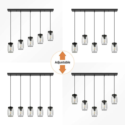 Five Light Mason Jar Pendant Lighting Fixture Black Rustic Farmhouse Chandelier with adjustable heights and glass jar shades.