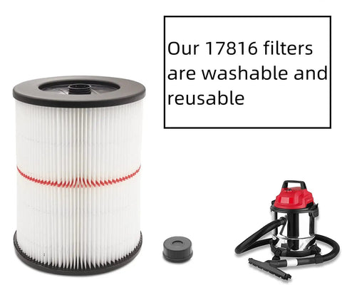Replacement Filter For Craftsman 17816 Wet Dry Vacuum, filter next to vacuum and text 'washable and reusable'