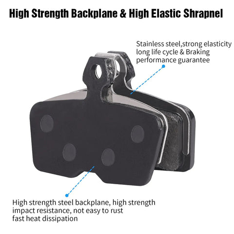 All In One 4 Piston Mountain Bike Brake Pads Set with high strength backplane and high elastic shrapnel, visible in black stainless steel.
