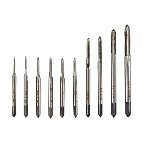 Machine Taps Set For DIYers And Pros, High Precision Threading Tools For Consistent Cuts In Metal, Versatile Workshop Tap Kit For Machining, Repair, And Fabrication Projects. 10-piece HSS tap set on white background