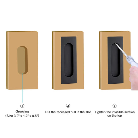 Installation guide for 4.72 Inch Matte Black Recessed Finger Flush Cabinet Pulls By Malimali, showing three installation steps.