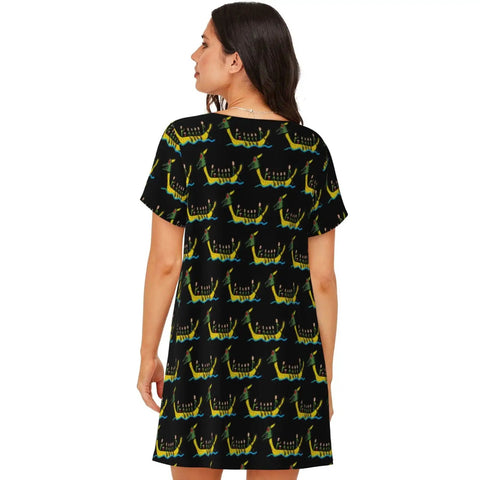 Model wearing Dragon Boat Racing Nightgown For Women Short Sleeve Sleep Shirt Soft Casual Nightdress Medium back view