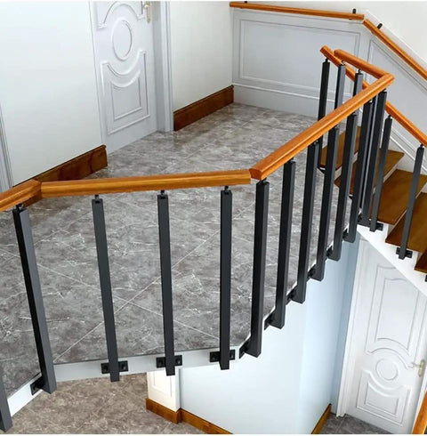Heavy Duty Square Metal Stair Railing Balustrade Kit For Decks And Porches showcasing black metal railings on a stair landing.