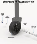 Complete replacement kit showing Beefed Up 1500 Pound 6 Inch Boat Trailer Jack Wheel, spoked wheel, and mounting hardware.