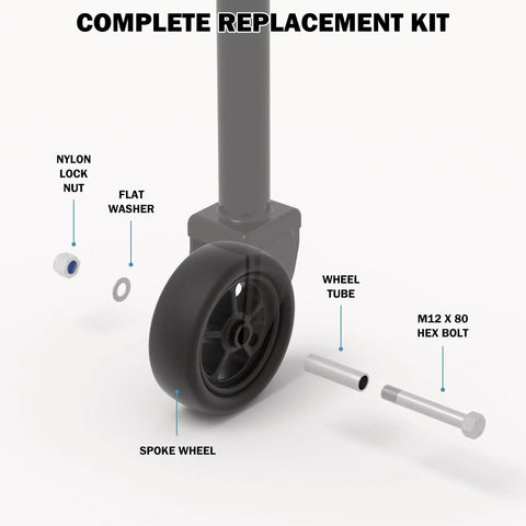 Complete replacement kit showing Beefed Up 1500 Pound 6 Inch Boat Trailer Jack Wheel, spoked wheel, and mounting hardware.