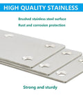 No Fuss Four Pack Heavy Duty Mending Plates Stainless Steel Straight Brackets close-up, brushed surface with mounting holes for furniture.