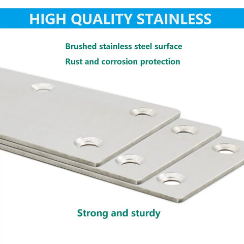 No Fuss Four Pack Heavy Duty Mending Plates Stainless Steel Straight Brackets close-up, brushed surface with mounting holes for furniture.