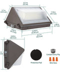 LED Wall Pack With Dusk to Dawn Photocell, 60W 7,800 Lumens, 5000K Daylight Output shown with measurements and accessories