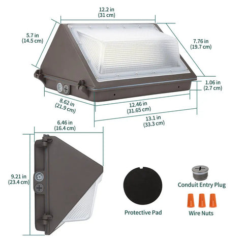 Dimensions and components of 120W LED Wall Pack With Photocell For Dusk To Dawn Outdoor Lighting, 15600 Lumens At 5000K Daylight, 100 To 277V, ETL CETL Listed, Super Bright Outdoor Fixture For Parking Lots Warehouses Yards And Other Commercial Spaces