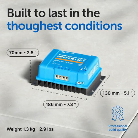 SmartSolar MPPT Charge Controller With Bluetooth For 100V 12/24V Systems, 30 Amp Output, showing dimensions and weight