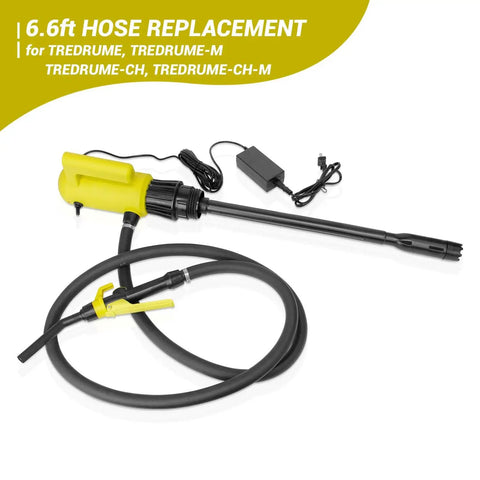 Rock Solid 6.6 Foot Discharge Hose For Electric Drum Pumps Heavy Duty Fluid Transfer Tubing shown with black and yellow components.