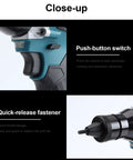 Cordless 26V Portable Electric Rivet Gun Kit With Brushless Blind Riveter For Aluminum Iron Steel Rechargeable Battery Complete Tool Set For Fast Clean Metal Joining On The Go close-up of push-button switch and quick-release fastener