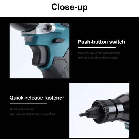 Cordless 26V Portable Electric Rivet Gun Kit With Brushless Blind Riveter For Aluminum Iron Steel Rechargeable Battery Complete Tool Set For Fast Clean Metal Joining On The Go close-up of push-button switch and quick-release fastener