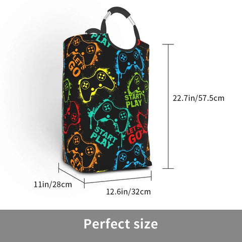 Colorful Silhouettes Laundry Basket With Handles, 50L Large Hamper, joystick theme, size 12.6x11x22.7 in, foldable design.