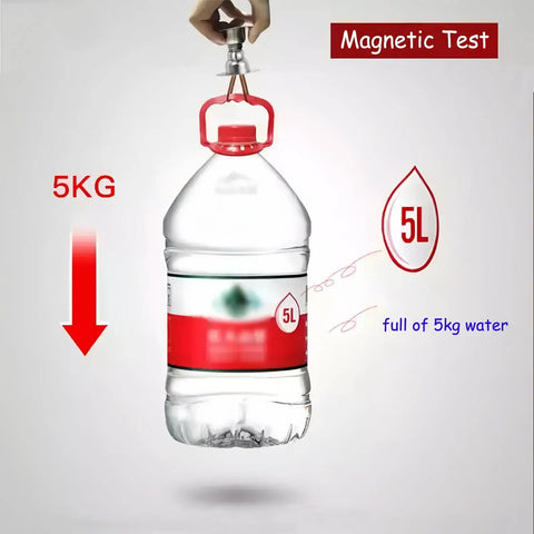 Plastic water jug weighing 5kg hanging from a magnetic hook, demonstrating magnetic strength with red and white labels.