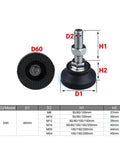 Heavy Duty Adjustable Leveling Feet With Swivel Base And Rubber Bottom for wobbly furniture, M8 M10 M12 thread sizes, durable design.