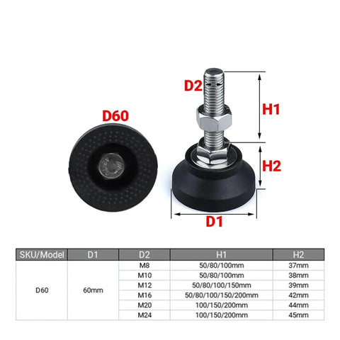 Heavy Duty Adjustable Leveling Feet With Swivel Base And Rubber Bottom for wobbly furniture, M8 M10 M12 thread sizes, durable design.