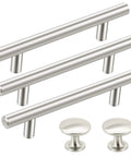Brushed Satin Nickel Cabinet Hardware Set With 36 Handles 26 Pulls And 10 Knobs For Doors And Drawers Three And Three Quarter Inch Hole Center Stainless Steel Versatile Kitchen And Cabinet Upgrade close-up of handles and knobs