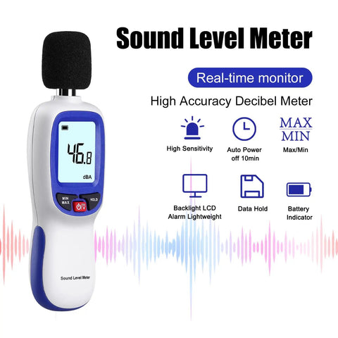 Portable SPL Meter With Digital Noise Level Gauge 30 To 130 dB A Range For Pro Grade Sound Pressure Measurements In Music Recording Studios Offices Home Industrial Noise Monitoring And More, front view