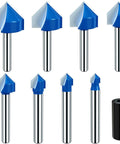 Must Have 8 Piece 90 Degree V Groove Router Bit Set With Solid Carbide Double Flute For CNC Engraving And Woodworking One Quarter Inch Shank Cutting Diameters From One Quarter To One Inch Built For Speed And Long Life on white background.