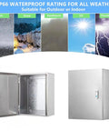 Weatherproof 304 Stainless Steel Electrical Enclosure Box 20 by 16 by 8 Inches, open and closed views, with IP66 rating.