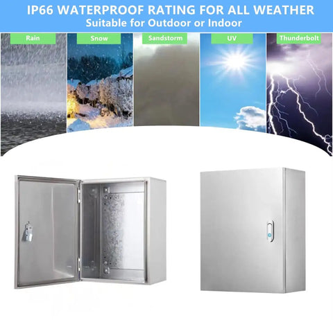 Weatherproof 304 Stainless Steel Electrical Enclosure Box 20 by 16 by 8 Inches, open and closed views, with IP66 rating.
