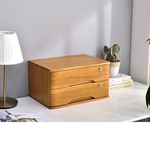 Wooden Desktop Storage Cabinet With Drawers And Lock Flat File Organizer 2 tier desk storage solution on table