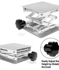 Front view of lab jack scissor stand, stainless steel, 4x4 inch platform, adjustable height knob.