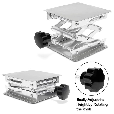 Front view of lab jack scissor stand, stainless steel, 4x4 inch platform, adjustable height knob.