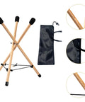 Versatile Portable Adjustable Wooden Handpan Drum Stand With Slick Travel Storage Bag showcasing sturdy wood tripod and protective pads.