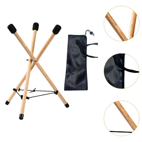 Versatile Portable Adjustable Wooden Handpan Drum Stand With Slick Travel Storage Bag showcasing sturdy wood tripod and protective pads.
