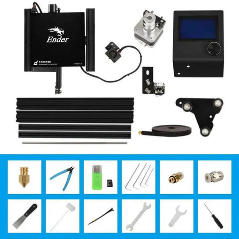 Ender 3 3D Printer parts including frame, stepper motor, control panel, tools, and accessories for easy assembly with Resume Printing Function.