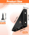 Four Pack Corner Brackets 66mm By 66mm Right Angle Shelf Braces Triangle Metal Corners for Wood Desk Edge with screws