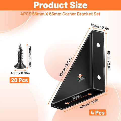Four Pack Corner Brackets 66mm By 66mm Right Angle Shelf Braces Triangle Metal Corners for Wood Desk Edge with screws