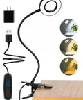 Clip On Desk Lamp With 48 LEDs, 3 Color Temperatures And 10 Dimmable Levels Per Mode, showing with USB and adapter.