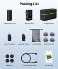Packing list for 4 Transmitter Wireless Lavalier Microphone System With Charging Case For iPhone iPad Android And Cameras 48kHz 24Bit Audio Intelligent Noise Cancellation Clean Vocals For Video Recording And Vlogging, including adapters and accessories.
